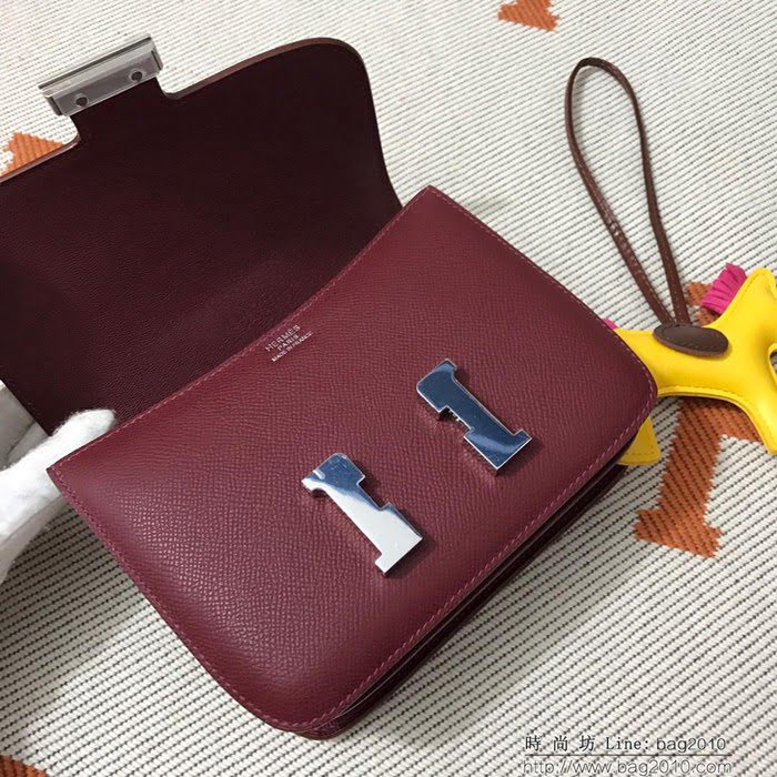 HERMES愛馬仕 H空姐包 進口原廠EP皮 頂級蜜蠟製作 街拍必備單品 酒紅金銀 單肩斜挎包  Ama1550